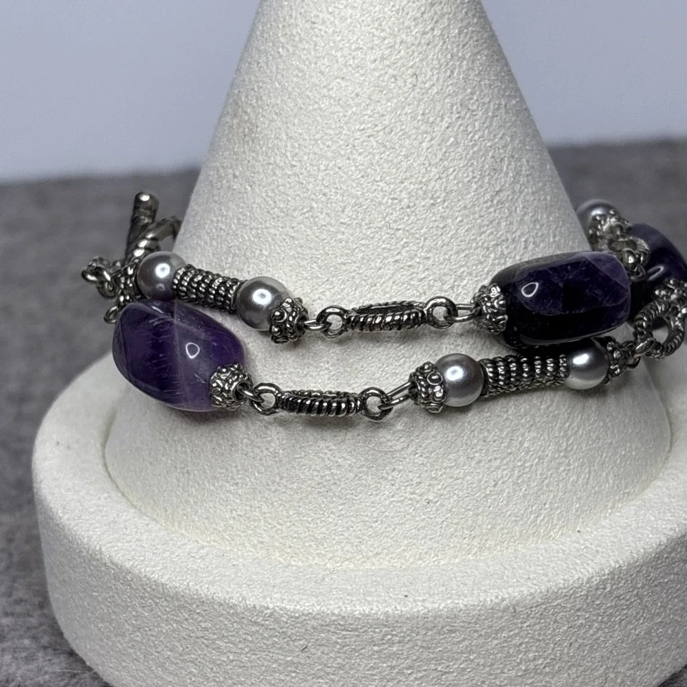 Amethyst Gemstone Double Strand Bracelet Silver Toned Toggle Clasp 7.25